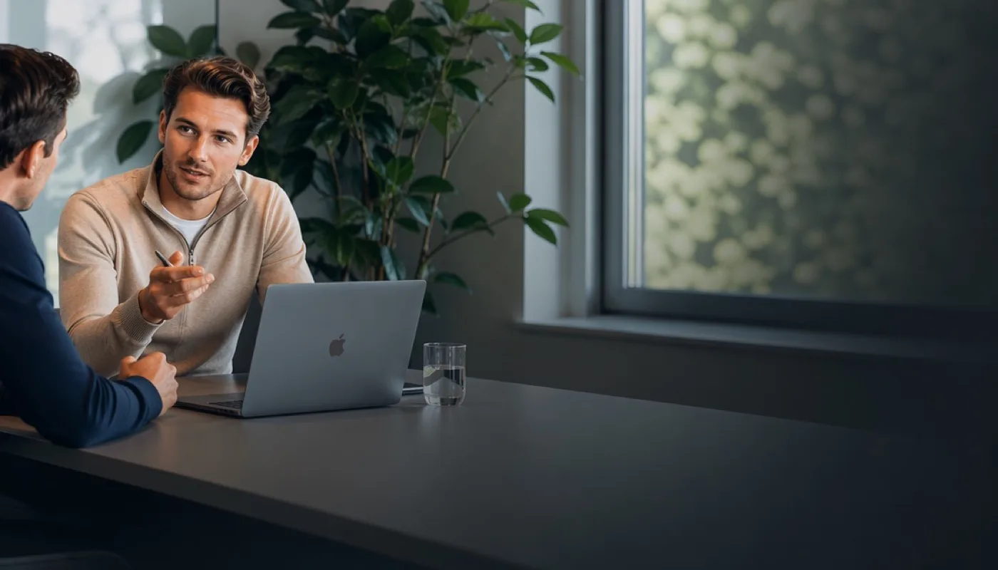 Intake gesprek bij een klant: twee mensen bespreken het proces aan tafel met een laptop erbij